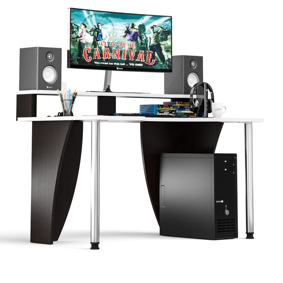 Стол компьютерный с надстройкой С-МД-СК2Н-1360-750, цвет венге/кромка белая, ШхГхВ 136х75х91(75) см., опора хром D50 мм., столешница 22 мм.