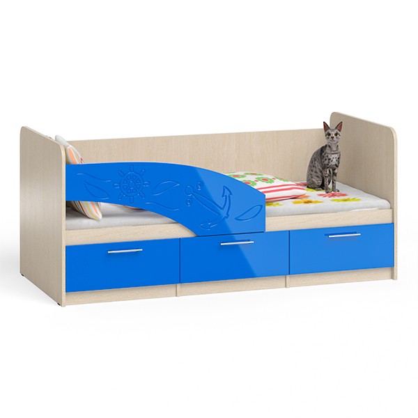 ЭКСПОЗИЦИЯ Кровать детская Капитан 1,8Л ЛЕВАЯ, цвет дуб атланта/синий глянец, ШхГхВ 183,5х85х80 см., в РАЗОБРАННОМ ВИДЕ