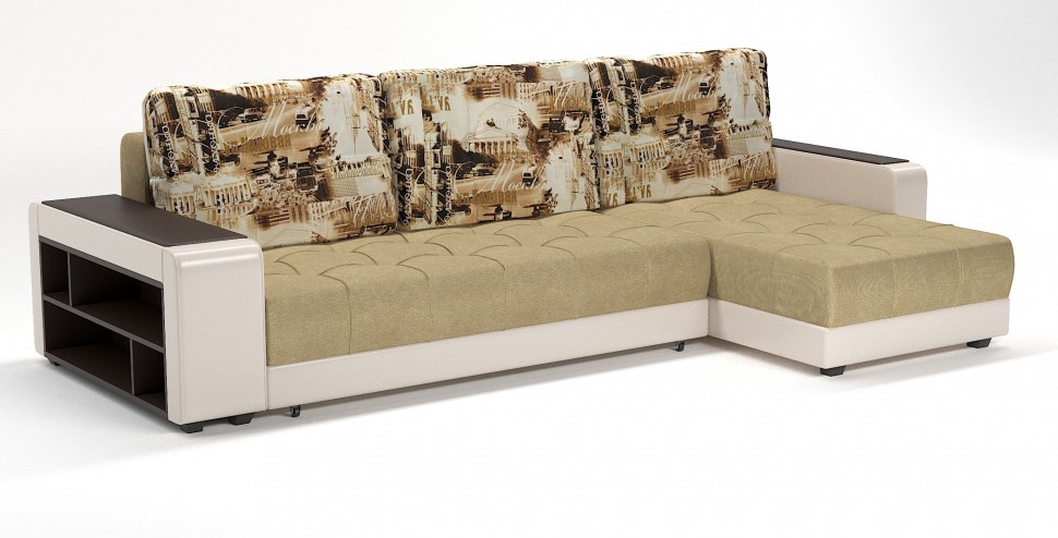 Диван угловой Милан еврокнижка бежевый велюр+город+бежевая экокожа