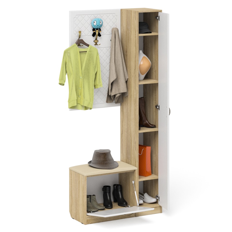 Прихожая П-6 Компоновка № 21, цвет дуб сонома/фасады МДФ белое дерево фрезеровка ромб, ШхГхВ 90х35х210 см., универсальная сборка