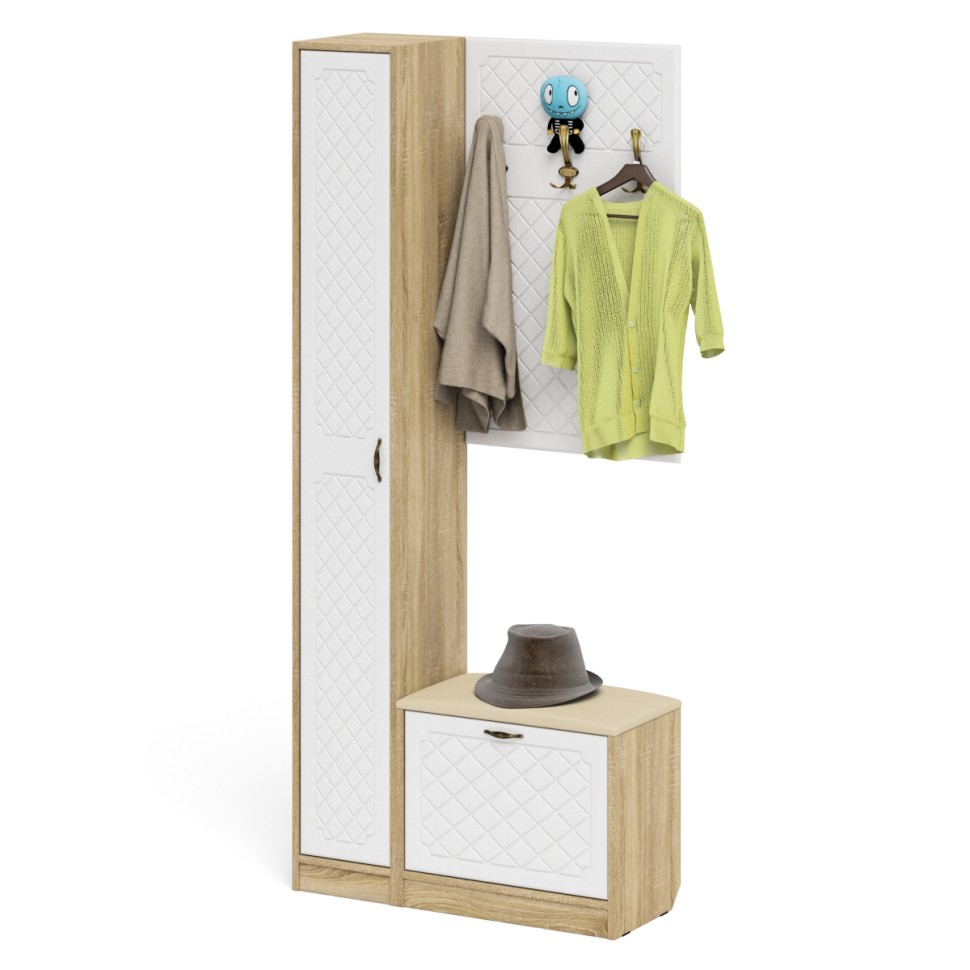 Прихожая П-6 Компоновка № 21, цвет дуб сонома/фасады МДФ белое дерево фрезеровка ромб, ШхГхВ 90х35х210 см., универсальная сборка