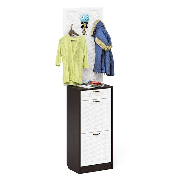 Прихожая П-6 Тумба для обуви 2 секции + Вешалка, цвет венге/фасады МДФ белое дерево фрезеровка ромб, ШхГхВ 50х35х210 см.