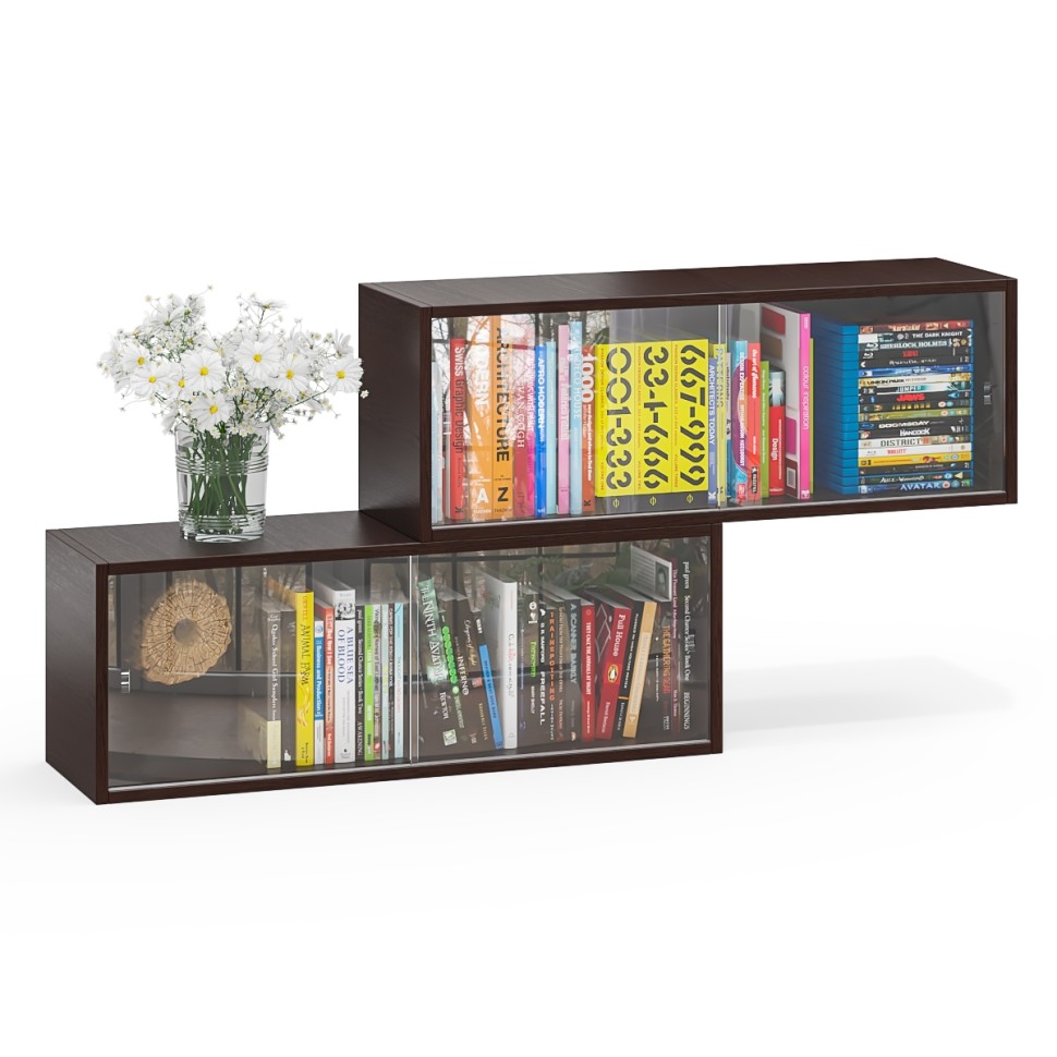 Две полки книжных С-МД-КН01, цвет венге, ШхГхВ размер каждой полки в отдельности: 83х25х30 см., стеклянные дверцы