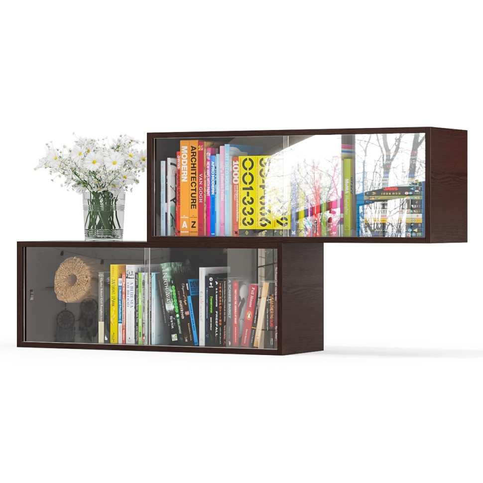 Две полки книжных С-МД-КН01, цвет венге, ШхГхВ размер каждой полки в отдельности: 83х25х30 см., стеклянные дверцы