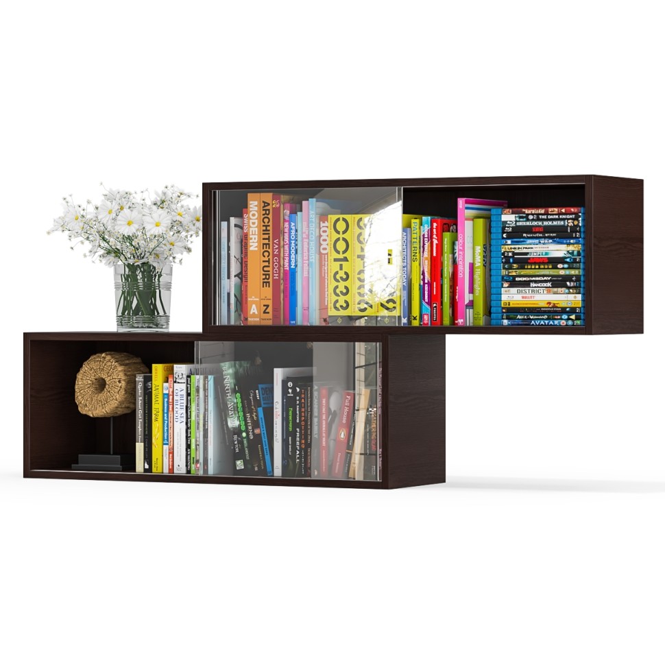 Две полки книжных С-МД-КН01, цвет венге, ШхГхВ размер каждой полки в отдельности: 83х25х30 см., стеклянные дверцы