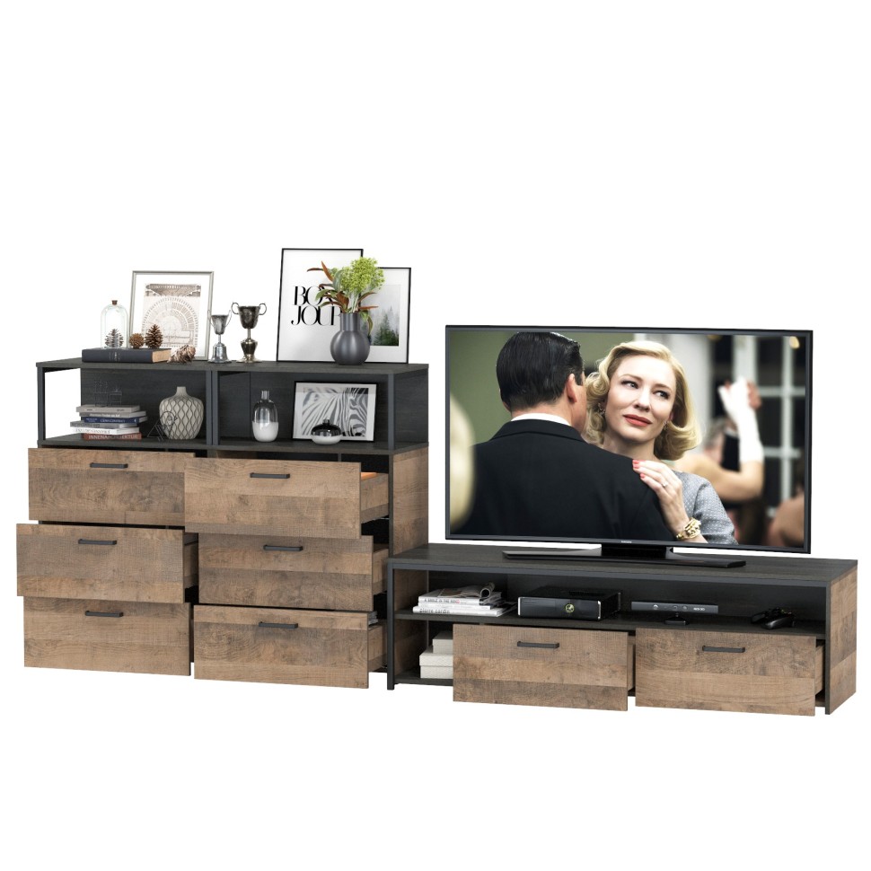 Трувор 13.70 Тумба под ТВ + 13.307.02 Комод + 13.307.02 Комод, цвет дуб гранж песочный/интра, ШхГхВ 281,8х45,4х106,9 см., универсальная сборка