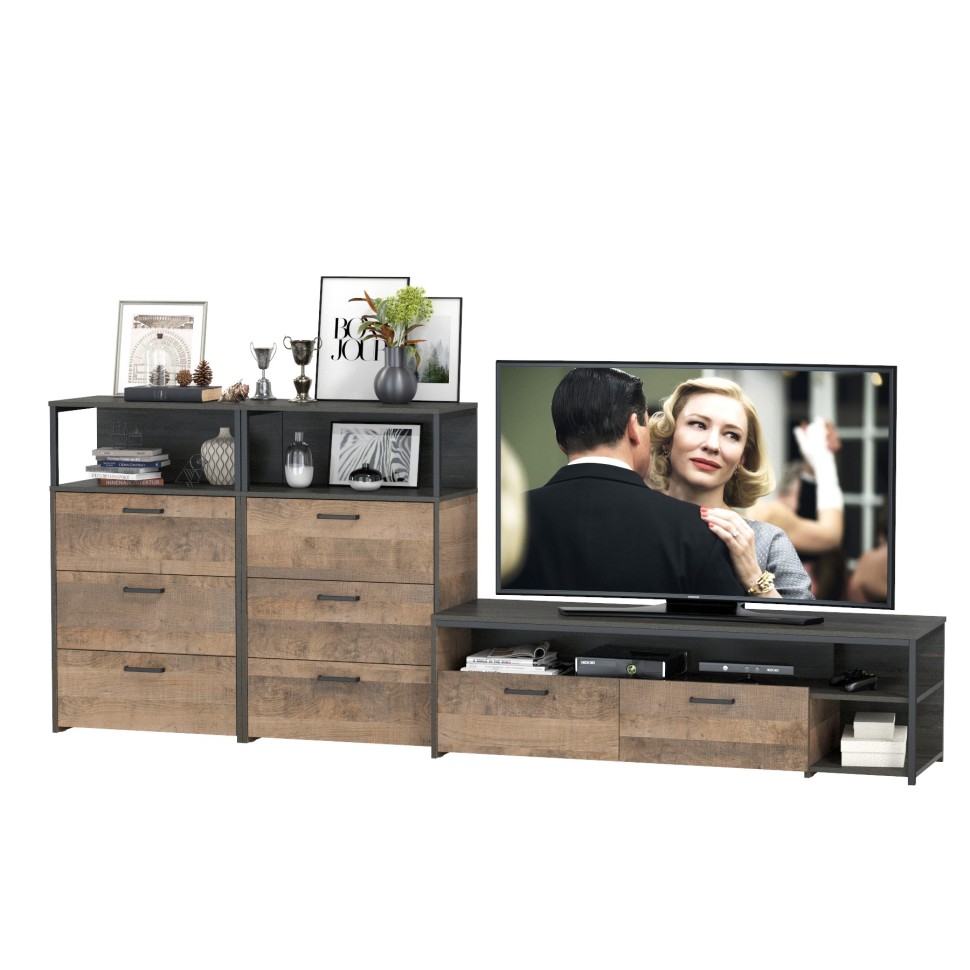 Трувор 13.70 Тумба под ТВ + 13.307.02 Комод + 13.307.02 Комод, цвет дуб гранж песочный/интра, ШхГхВ 281,8х45,4х106,9 см., универсальная сборка