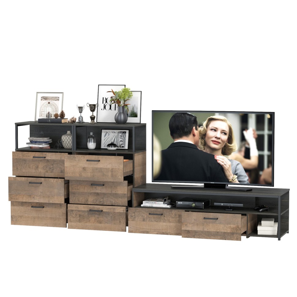 Трувор 13.70 Тумба под ТВ + 13.307.02 Комод + 13.307.02 Комод, цвет дуб гранж песочный/интра, ШхГхВ 281,8х45,4х106,9 см., универсальная сборка