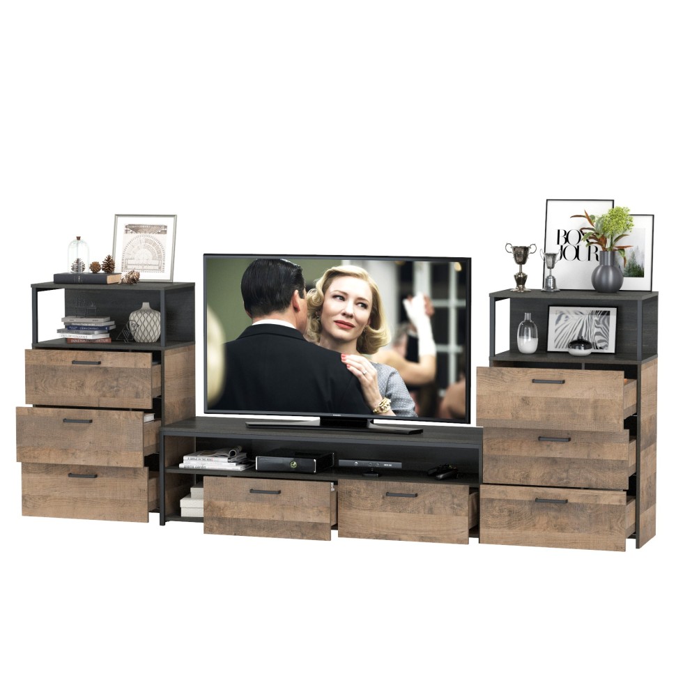 Трувор 13.70 Тумба под ТВ + 13.307.02 Комод + 13.307.02 Комод, цвет дуб гранж песочный/интра, ШхГхВ 281,8х45,4х106,9 см., универсальная сборка