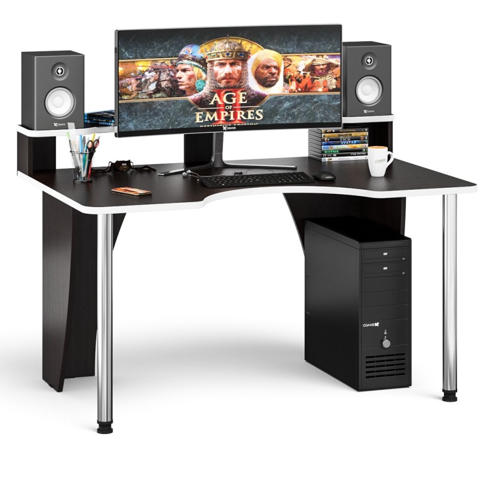 Стол компьютерный с надстройкой С-МД-СК2Н-1360-900, цвет венге/кромка белая, ШхГхВ 136х90х91(75) см., опора хром D50 мм., столешница 22 мм.