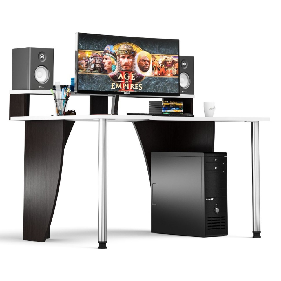 Стол компьютерный с надстройкой С-МД-СК2Н-1360-900, цвет венге/кромка белая, ШхГхВ 136х90х91(75) см., опора хром D50 мм., столешница 22 мм.