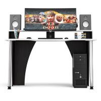 Стол компьютерный с надстройкой С-МД-СК2Н-1360-900, цвет венге/кромка белая, ШхГхВ 136х90х91(75) см., опора хром D50 мм., столешница 22 мм.