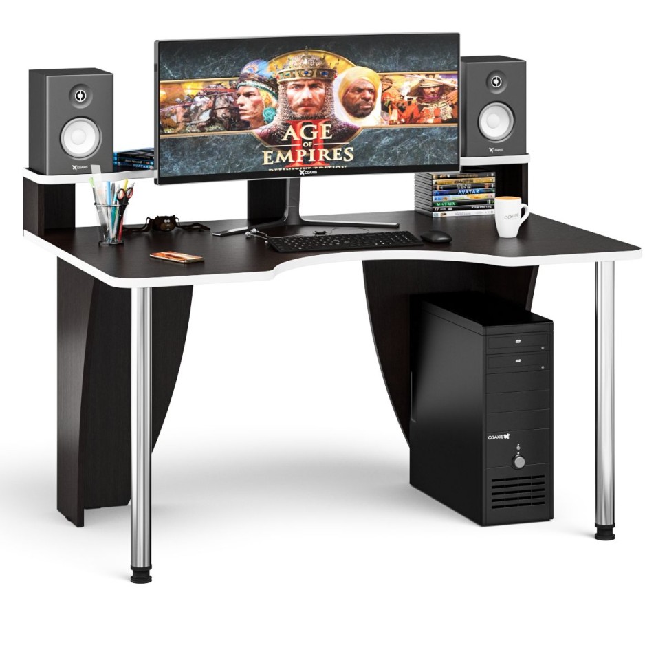 Стол компьютерный с надстройкой С-МД-СК2Н-1360-900, цвет венге/кромка белая, ШхГхВ 136х90х91(75) см., опора хром D50 мм., столешница 22 мм.