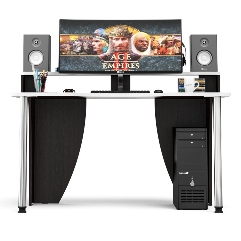 Стол компьютерный с надстройкой С-МД-СК2Н-1360-900, цвет венге/кромка белая, ШхГхВ 136х90х91(75) см., опора хром D50 мм., столешница 22 мм.