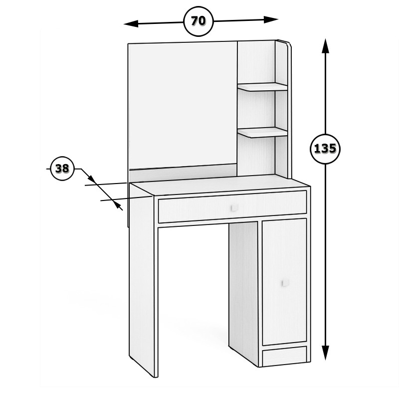 СНЯТО Туалетный столик № 3 с зеркалом, цвет дуб, ШхГхВ 70х37,7х135 см. (есть ящик и выдвижная секция), НЕ универсальная сборка (КР12)