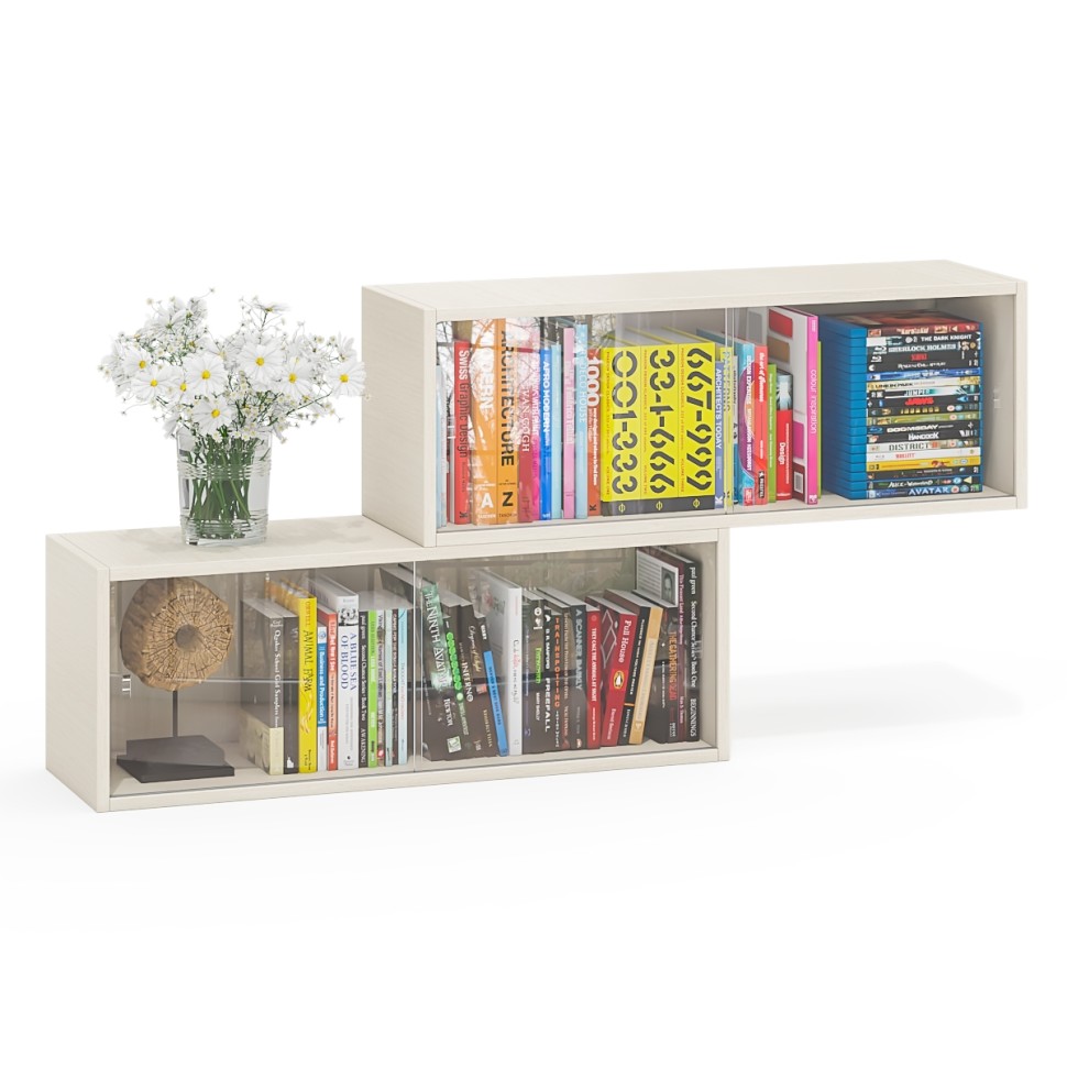 Две полки книжных С-МД-КН01, цвет дуб, ШхГхВ размер каждой полки в отдельности: 83х25х30 см., стеклянные дверцы