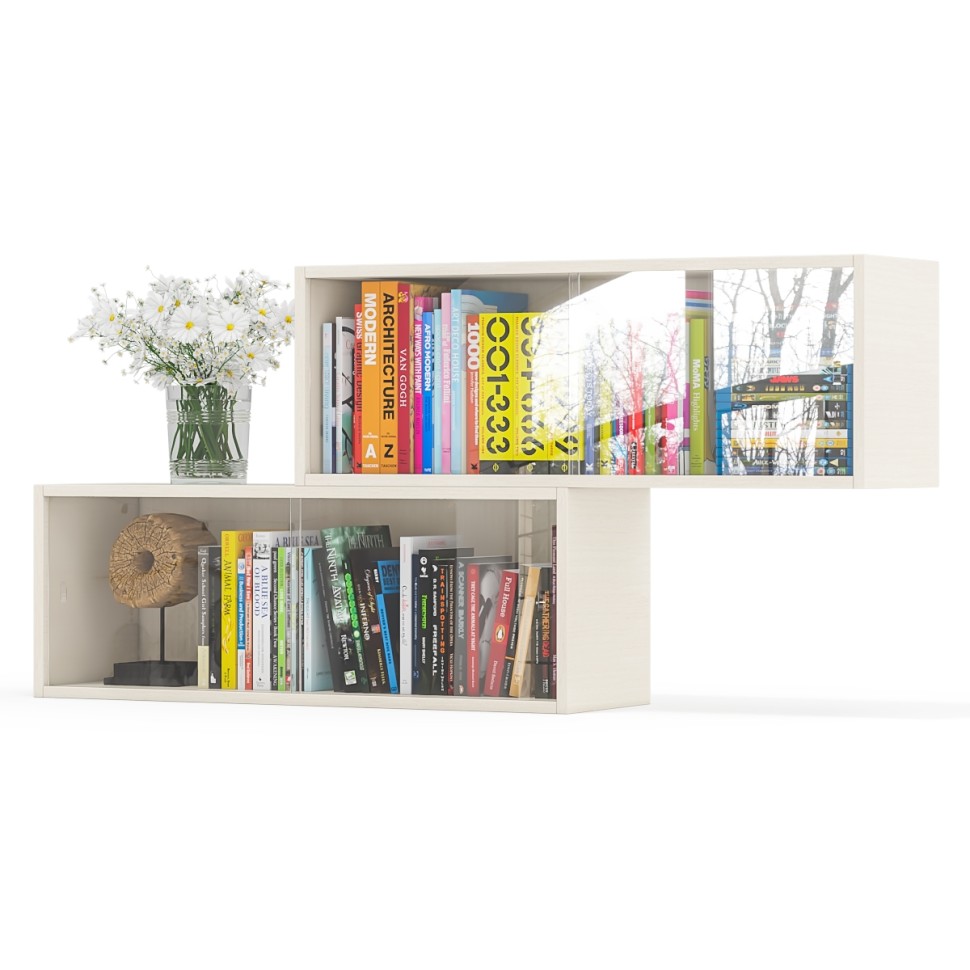 Две полки книжных С-МД-КН01, цвет дуб, ШхГхВ размер каждой полки в отдельности: 83х25х30 см., стеклянные дверцы