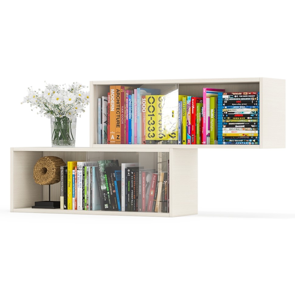 Две полки книжных С-МД-КН01, цвет дуб, ШхГхВ размер каждой полки в отдельности: 83х25х30 см., стеклянные дверцы