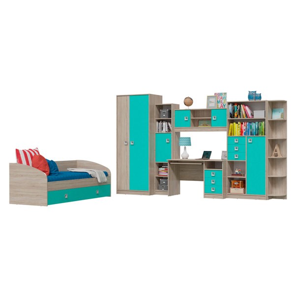 СНЯТО Сити Компоновка № 5 4-2001+6-9411+6-9413+6-0601+6-9416+6-9414+6-9415, дуб сонома/аква, ШхГхВ 205х85х74 + 351х60х211 см., сп.м. 800х2000, б/м,