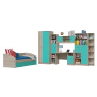 СНЯТО Сити Компоновка № 5 4-2001+6-9411+6-9413+6-0601+6-9416+6-9414+6-9415, дуб сонома/аква, ШхГхВ 205х85х74 + 351х60х211 см., сп.м. 800х2000, б/м,