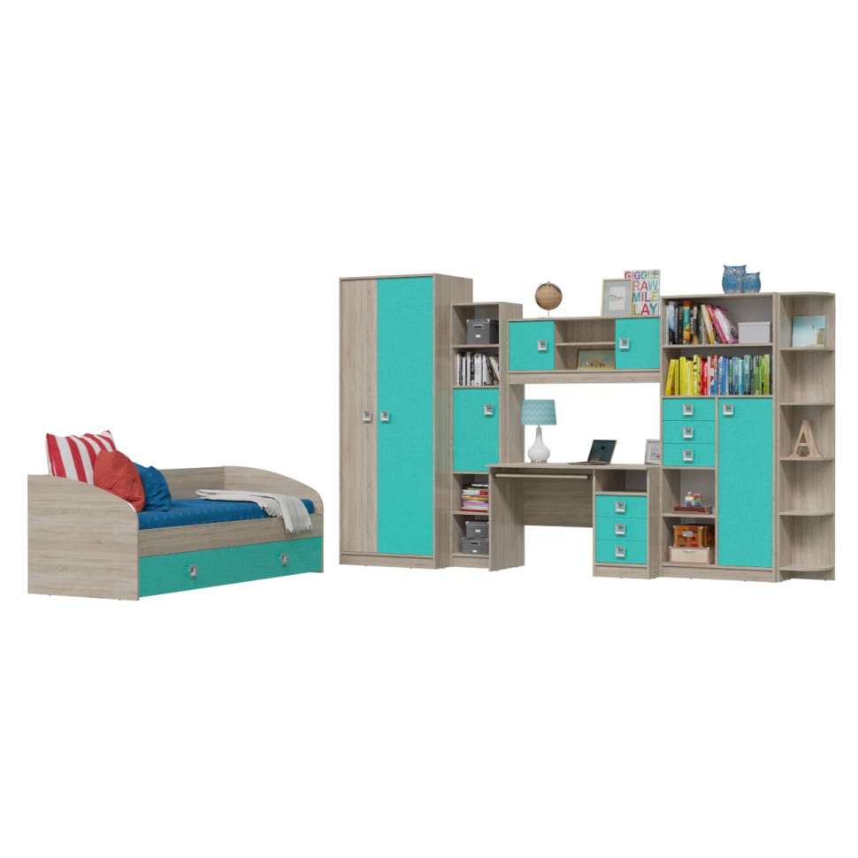 СНЯТО Сити Компоновка № 5 4-2001+6-9411+6-9413+6-0601+6-9416+6-9414+6-9415, дуб сонома/аква, ШхГхВ 205х85х74 + 351х60х211 см., сп.м. 800х2000, б/м,