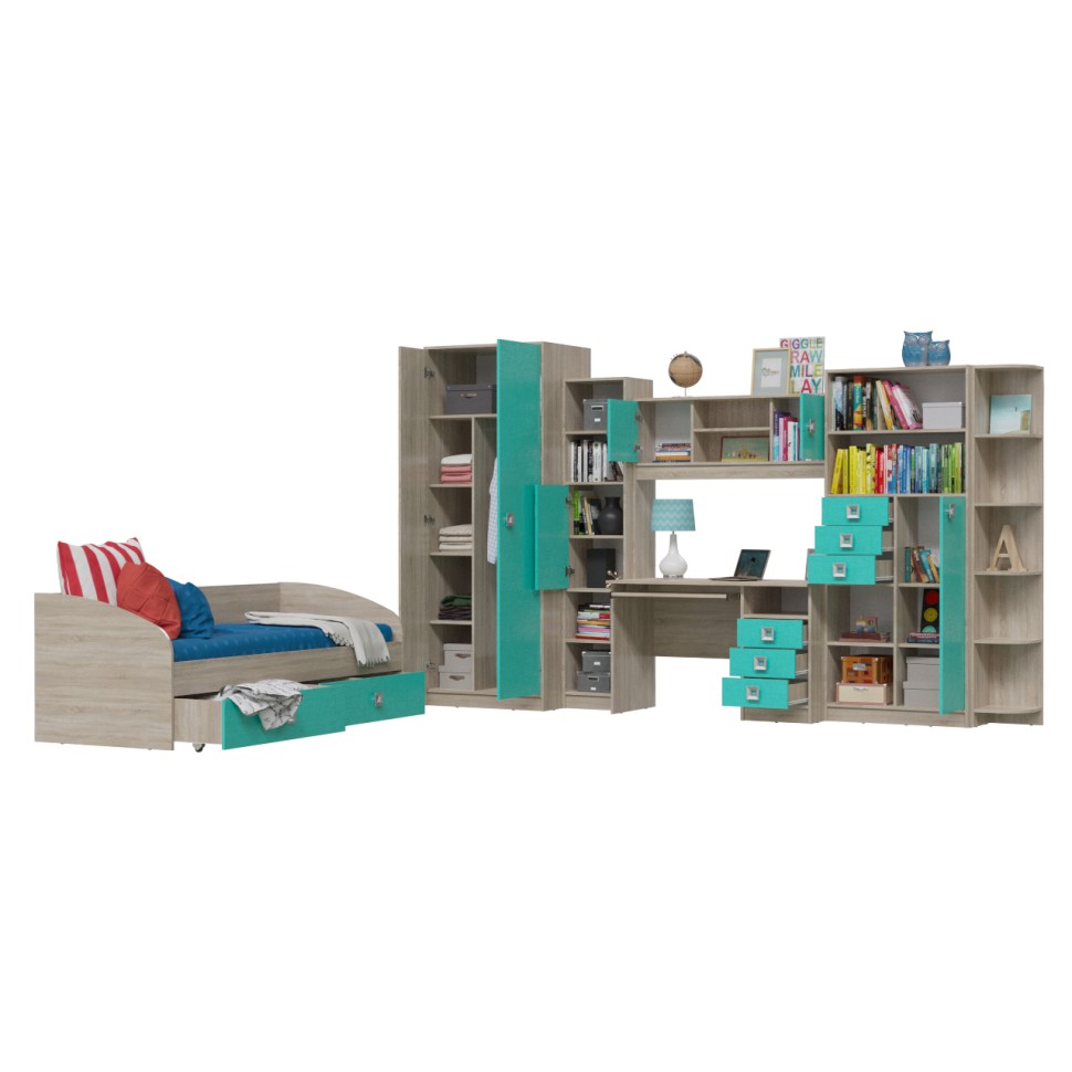 СНЯТО Сити Компоновка № 5 4-2001+6-9411+6-9413+6-0601+6-9416+6-9414+6-9415, дуб сонома/аква, ШхГхВ 205х85х74 + 351х60х211 см., сп.м. 800х2000, б/м,