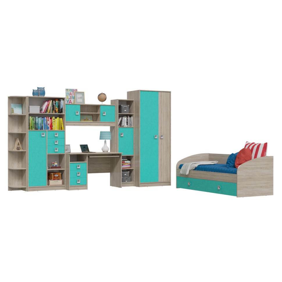 СНЯТО Сити Компоновка № 5 4-2001+6-9411+6-9413+6-0601+6-9416+6-9414+6-9415, дуб сонома/аква, ШхГхВ 205х85х74 + 351х60х211 см., сп.м. 800х2000, б/м,