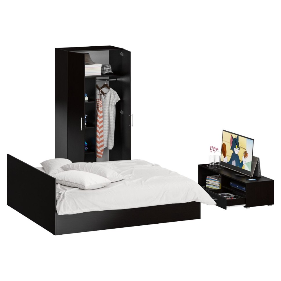 Спальня Стандарт 3-1800, цвет венге/фасады ТВ тумбы МДФ чёрный глянец, сп.м. 1800х2000 мм., без матраса, основание есть