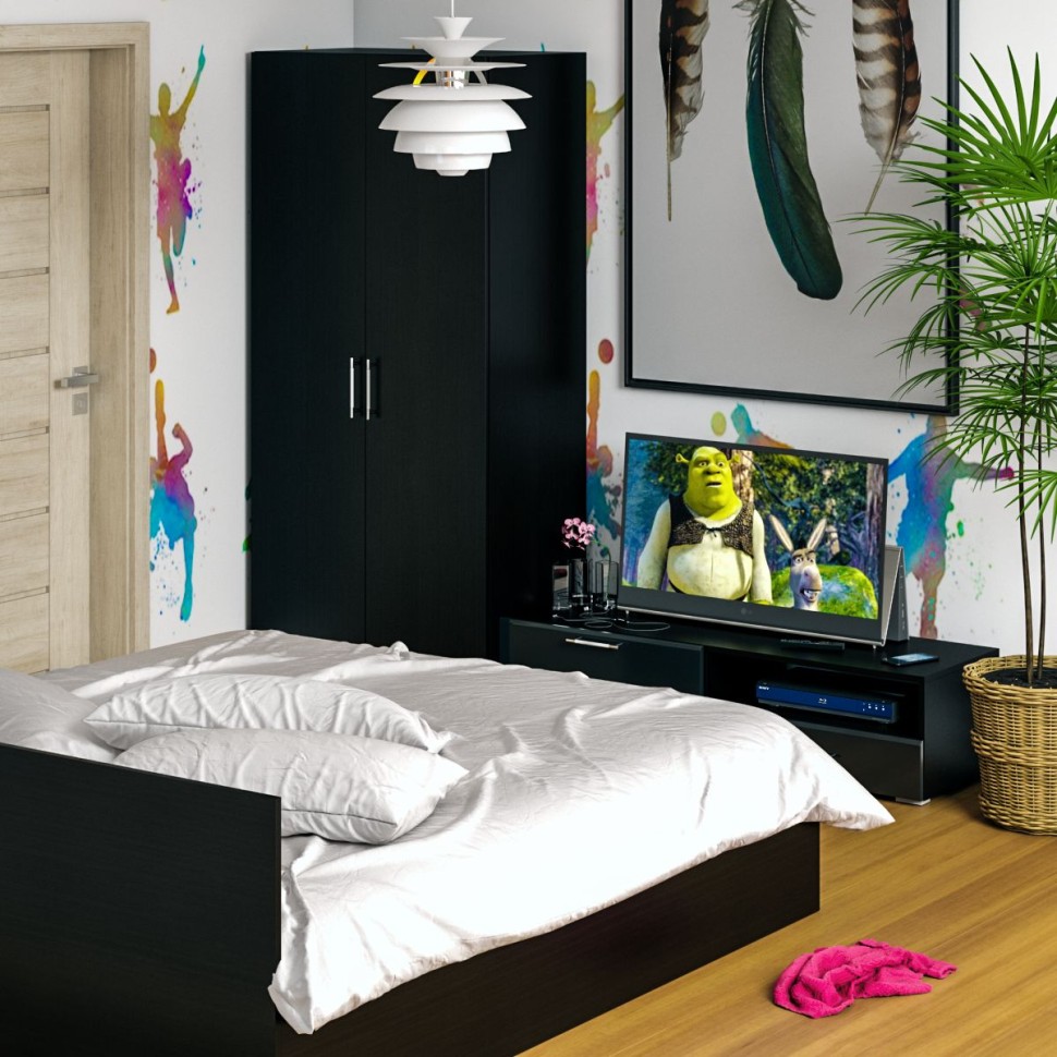 Спальня Стандарт 3-1800, цвет венге/фасады ТВ тумбы МДФ чёрный глянец, сп.м. 1800х2000 мм., без матраса, основание есть