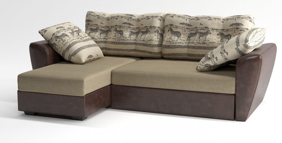 Диван угловой Амстердам еврокнижка бежевый велюр+зебра+коричневая экокожа