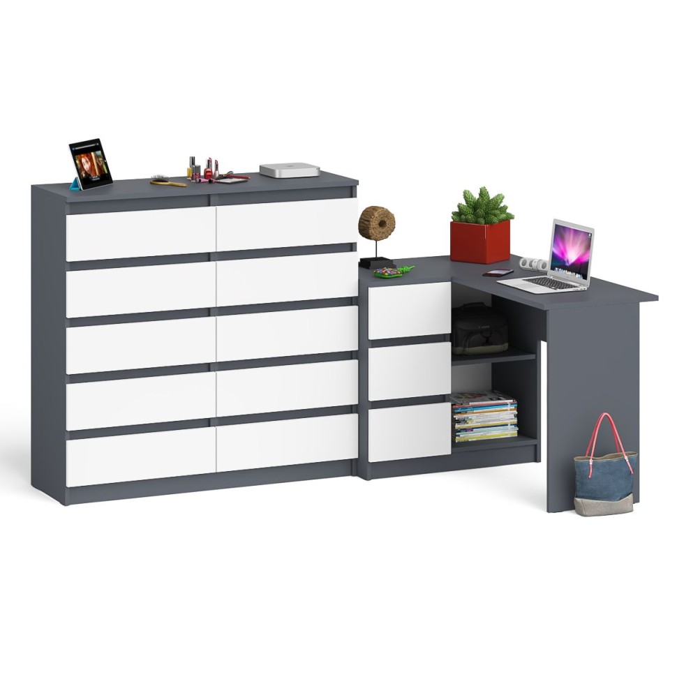 Мори Стол компьютерный МС-16 левый + Комод МК1200.10, цвет графит/белый, ШхГхВ 244,8х84,9х115 см., выдвижные ящики слева, НЕ универсальная сборка