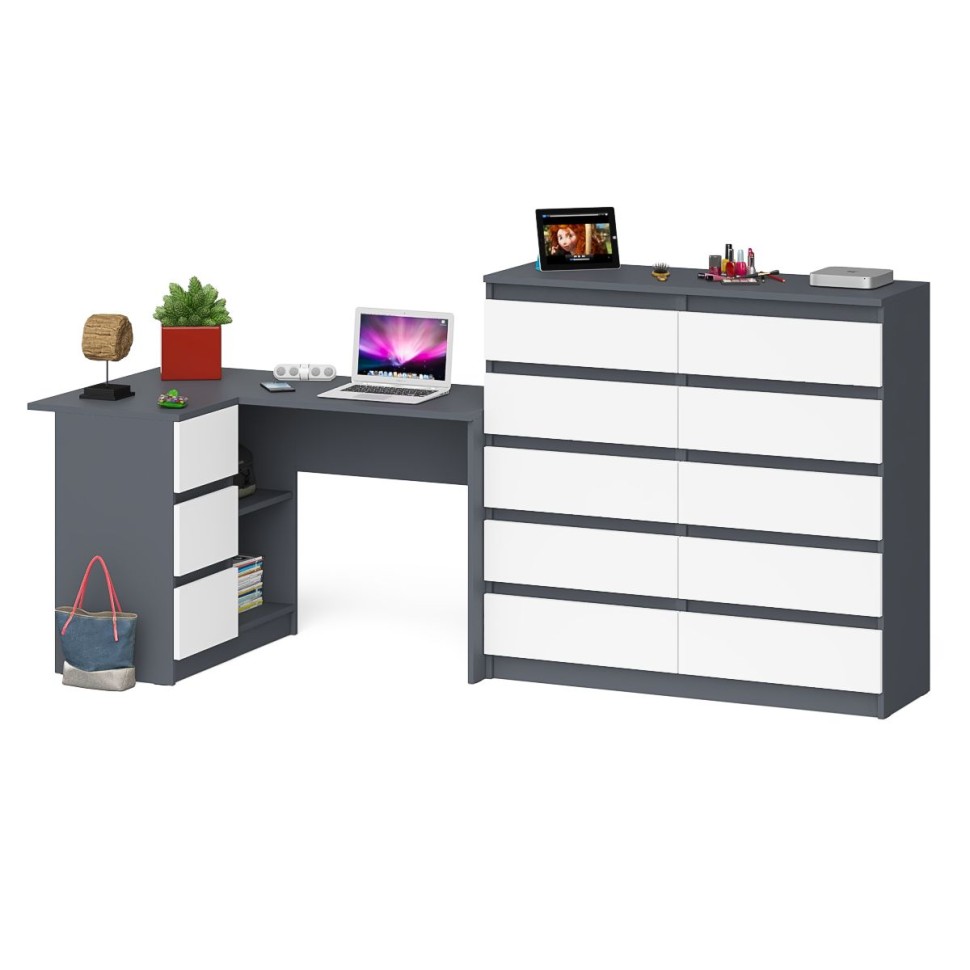 Мори Стол компьютерный МС-16 левый + Комод МК1200.10, цвет графит/белый, ШхГхВ 244,8х84,9х115 см., выдвижные ящики слева, НЕ универсальная сборка