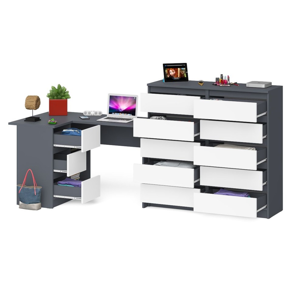 Мори Стол компьютерный МС-16 левый + Комод МК1200.10, цвет графит/белый, ШхГхВ 244,8х84,9х115 см., выдвижные ящики слева, НЕ универсальная сборка