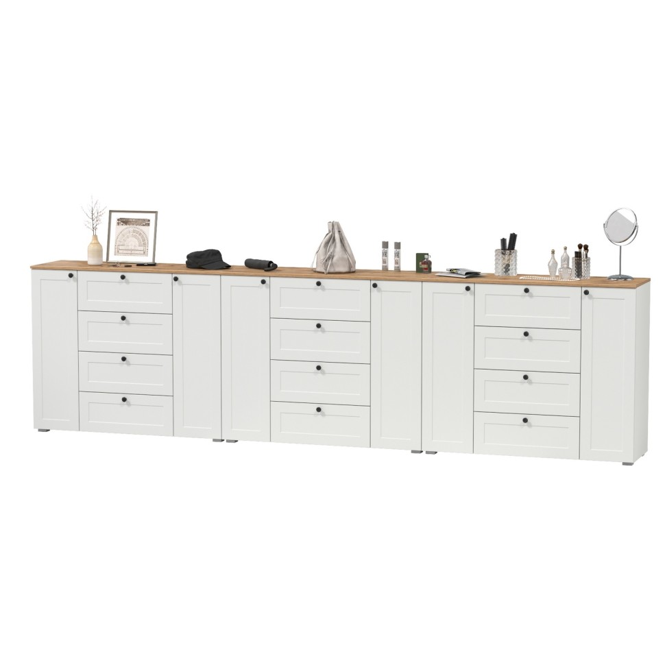 Остин 16.221 Комод + 16.221 Комод + 16.221 Комод, цвет белый шагрень/дуб крафт золотой, ШхГхВ 360х41,9х99,3 см.