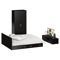 Спальня Стандарт 3-1800Я, цвет венге/фасады ТВ тумбы МДФ чёрный глянец, сп.м. 1800х2000 мм., без матраса, основание есть