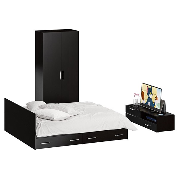 Спальня Стандарт 3-1800Я, цвет венге/фасады ТВ тумбы МДФ чёрный глянец, сп.м. 1800х2000 мм., без матраса, основание есть