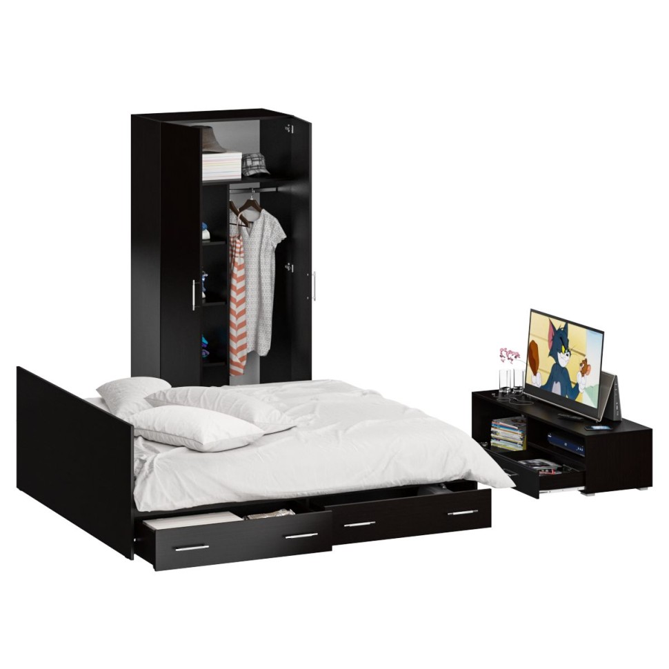 Спальня Стандарт 3-1800Я, цвет венге/фасады ТВ тумбы МДФ чёрный глянец, сп.м. 1800х2000 мм., без матраса, основание есть