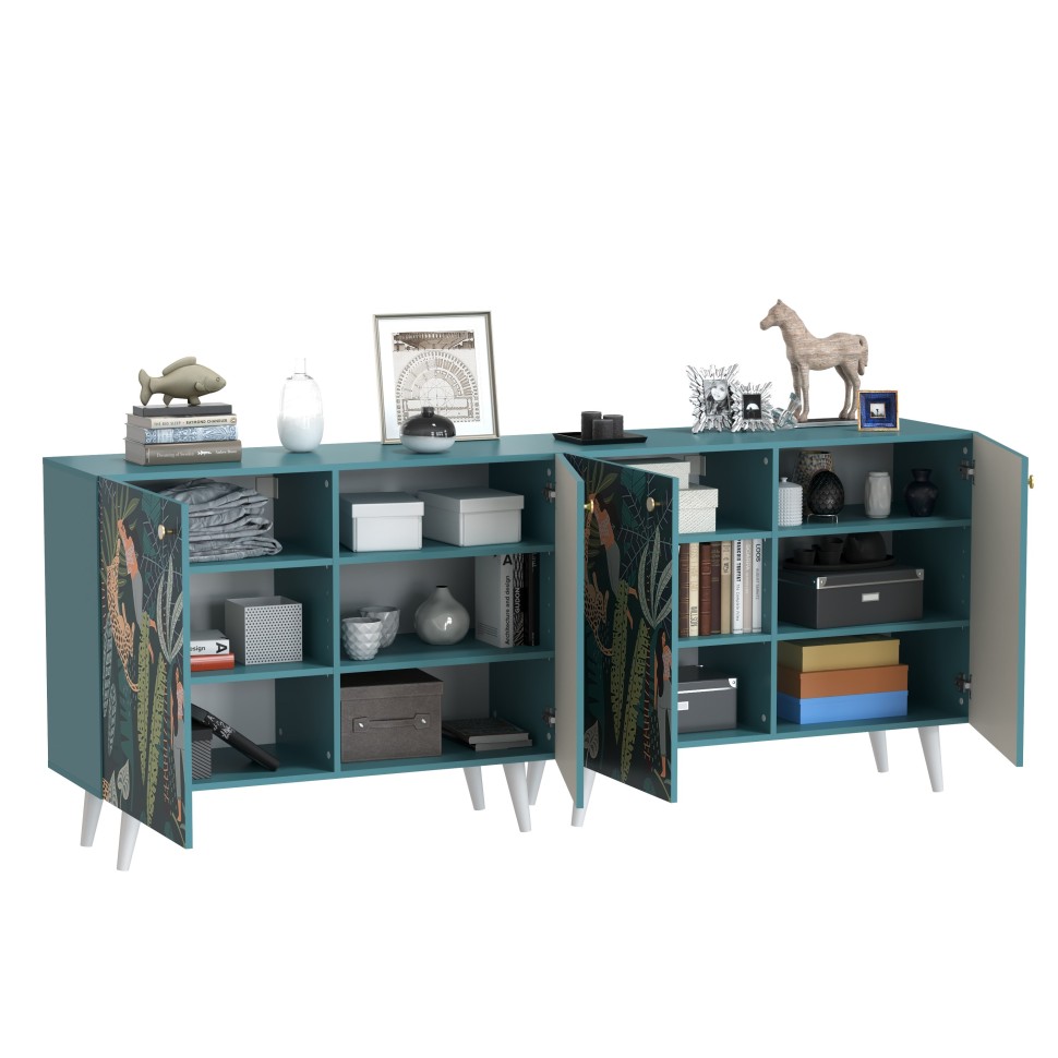 СНЯТО Либера Комод-тумба 16.230.01 + Либера Комод-тумба 16.230.01, цвет бензин/белый, ШхГхВ 230,6х42,6х92,3 см., фасады с рисунком Тропический лес