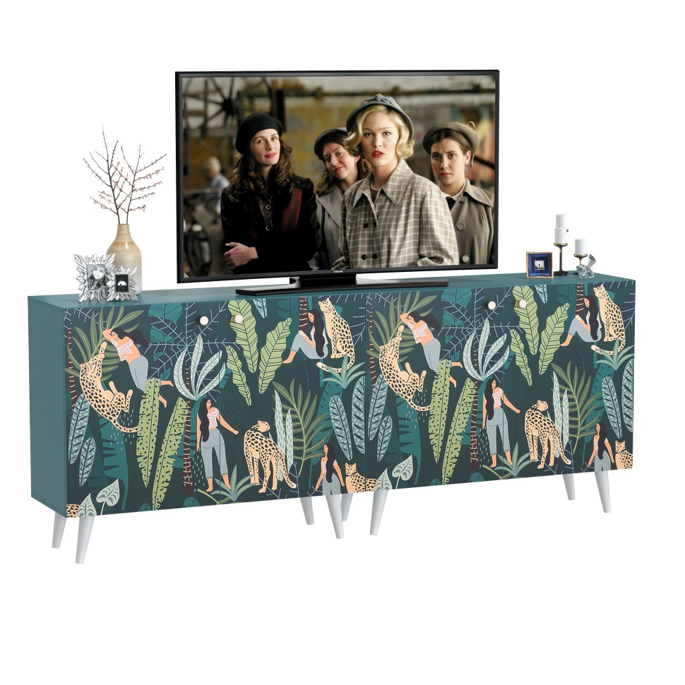 СНЯТО Либера Комод-тумба 16.230.01 + Либера Комод-тумба 16.230.01, цвет бензин/белый, ШхГхВ 230,6х42,6х92,3 см., фасады с рисунком Тропический лес