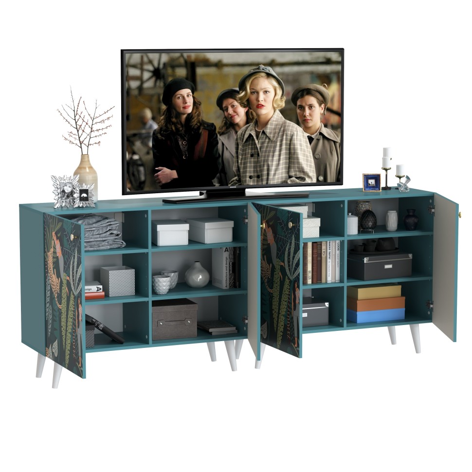 СНЯТО Либера Комод-тумба 16.230.01 + Либера Комод-тумба 16.230.01, цвет бензин/белый, ШхГхВ 230,6х42,6х92,3 см., фасады с рисунком Тропический лес