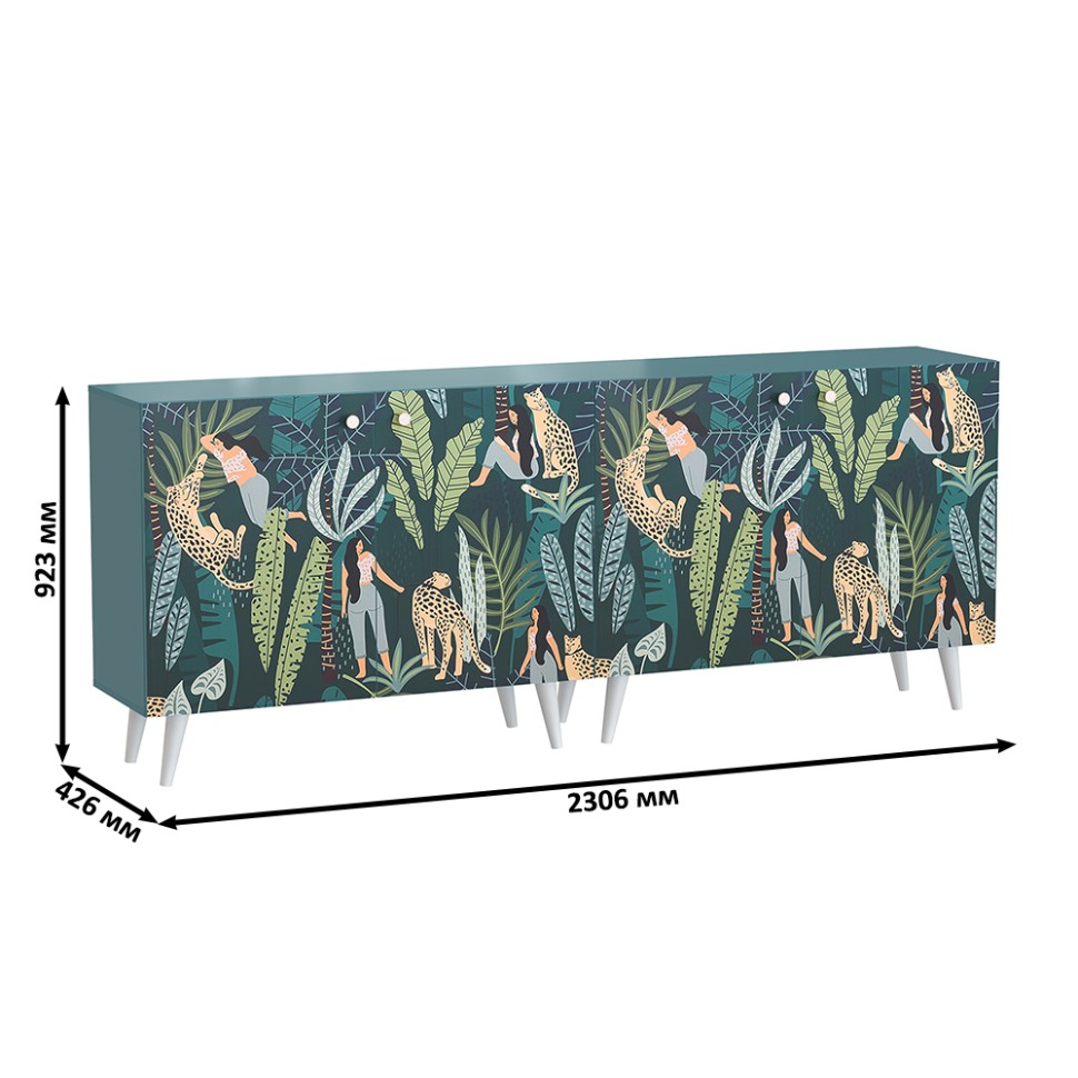 СНЯТО Либера Комод-тумба 16.230.01 + Либера Комод-тумба 16.230.01, цвет бензин/белый, ШхГхВ 230,6х42,6х92,3 см., фасады с рисунком Тропический лес