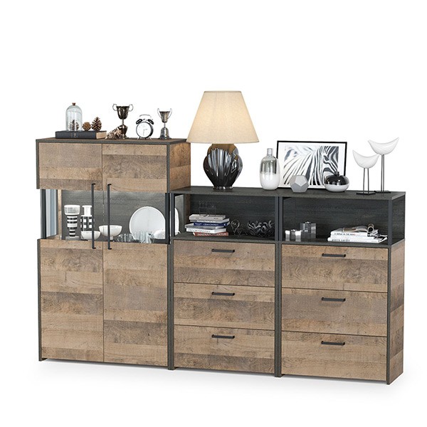 Трувор 13.306 Комод с витриной + 13.307.02 Комод с ящиками + 13.307.02 Комод с ящ., цвет дуб гранж песочный/интра, ШхГхВ 217,8х37х135,3 см., ун. сб.