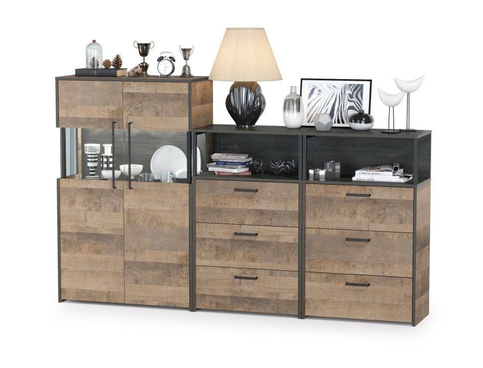 Трувор 13.306 Комод с витриной + 13.307.02 Комод с ящиками + 13.307.02 Комод с ящ., цвет дуб гранж песочный/интра, ШхГхВ 217,8х37х135,3 см., ун. сб.