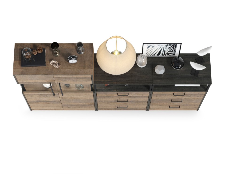 Трувор 13.306 Комод с витриной + 13.307.02 Комод с ящиками + 13.307.02 Комод с ящ., цвет дуб гранж песочный/интра, ШхГхВ 217,8х37х135,3 см., ун. сб.