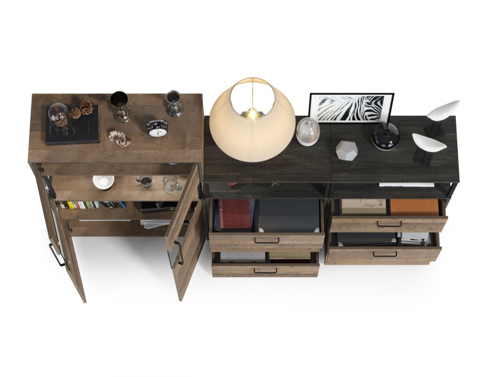 Трувор 13.306 Комод с витриной + 13.307.02 Комод с ящиками + 13.307.02 Комод с ящ., цвет дуб гранж песочный/интра, ШхГхВ 217,8х37х135,3 см., ун. сб.