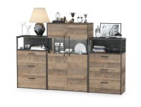 Трувор 13.306 Комод с витриной + 13.307.02 Комод с ящиками + 13.307.02 Комод с ящ., цвет дуб гранж песочный/интра, ШхГхВ 217,8х37х135,3 см., ун. сб.