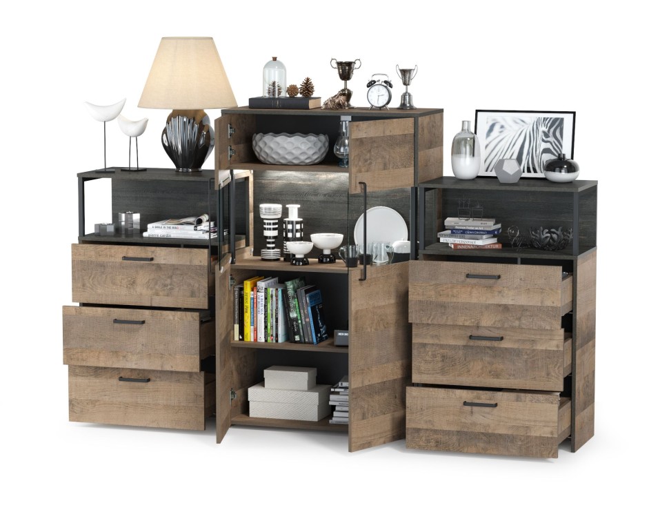 Трувор 13.306 Комод с витриной + 13.307.02 Комод с ящиками + 13.307.02 Комод с ящ., цвет дуб гранж песочный/интра, ШхГхВ 217,8х37х135,3 см., ун. сб.