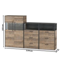 Трувор 13.306 Комод с витриной + 13.307.02 Комод с ящиками + 13.307.02 Комод с ящ., цвет дуб гранж песочный/интра, ШхГхВ 217,8х37х135,3 см., ун. сб.