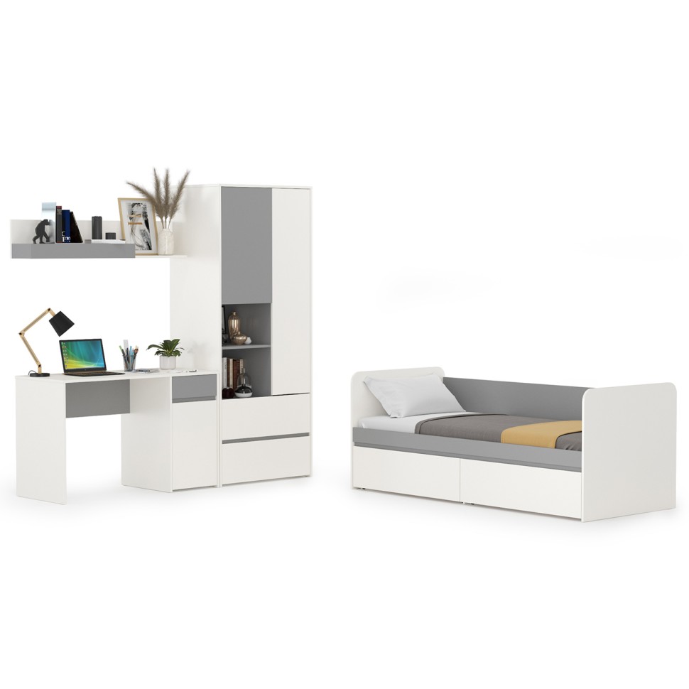 Торонто Компоновка № 25, цвет белый шагрень/стальной серый, сп. м. 800х1900 мм., б/м, основание есть, универсальная сборка