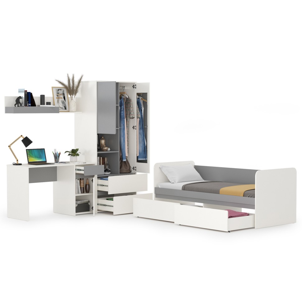 Торонто Компоновка № 25, цвет белый шагрень/стальной серый, сп. м. 800х1900 мм., б/м, основание есть, универсальная сборка